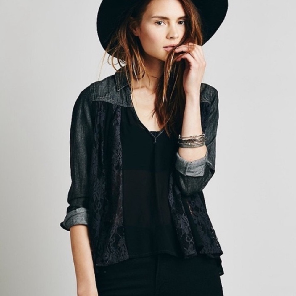 Free People Denim Lace Swing Top